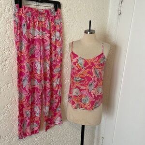 Tucker NYC 100% Silk Tank Top + Pants Set Size Small, Pink + Orange Coral Print